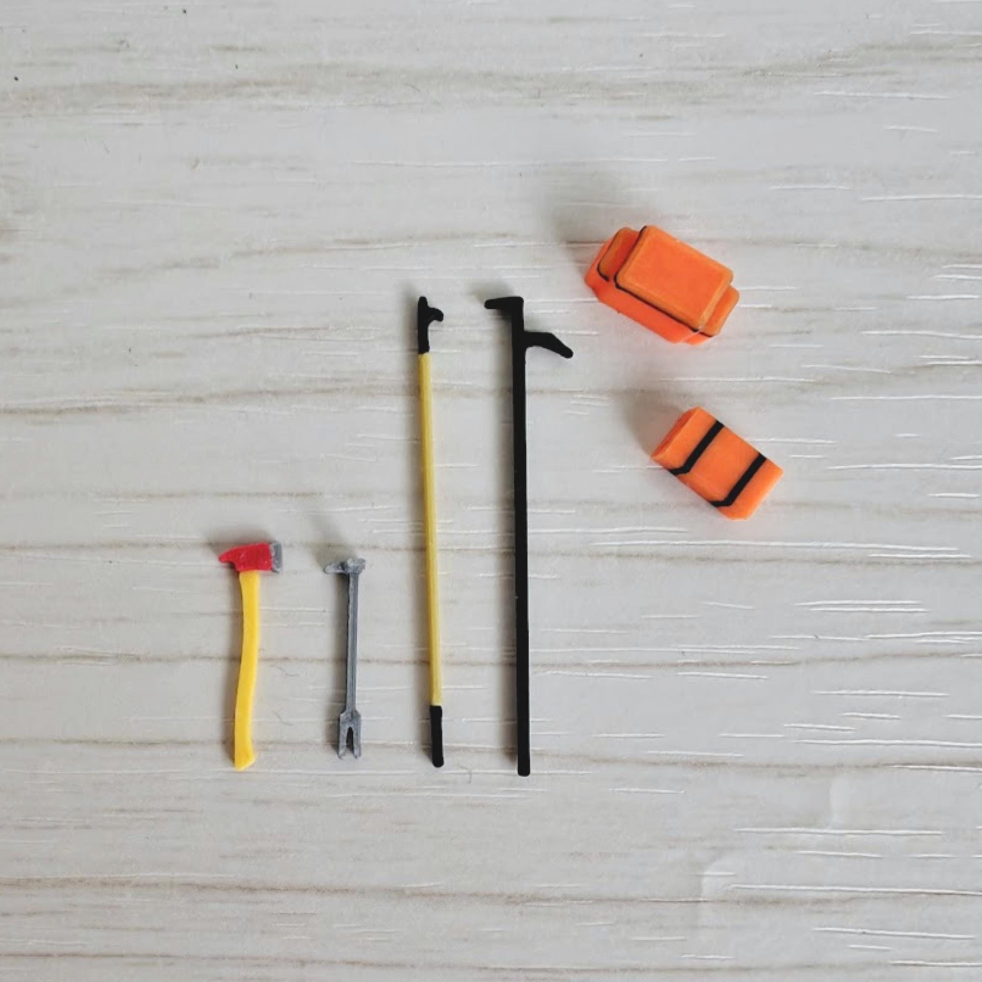 3D printed firefighter rescue tools set including axe, halligan bars, pike poles and medical bags