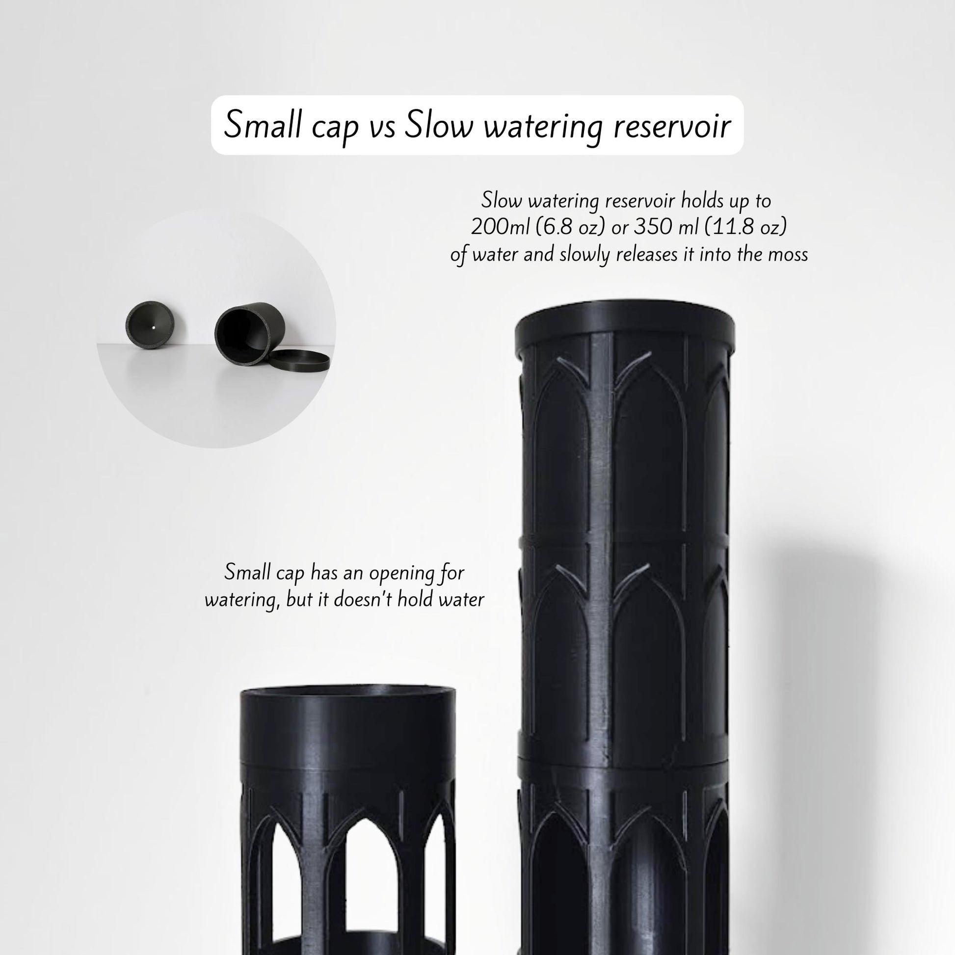 Small cap and slow-watering reservoir option shown attached to the top of the gothic moss pole, with individual cap pieces displayed beside it.