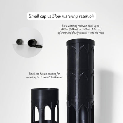 Small cap and slow-watering reservoir option shown attached to the top of the gothic moss pole, with individual cap pieces displayed beside it.