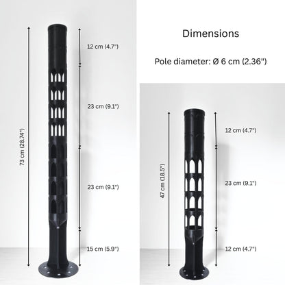 Dimension chart for the 6 cm (2.36 in) diameter gothic moss pole, showing measurements for the full pole and extension section.