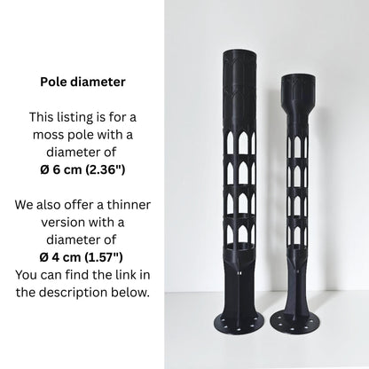 Product comparison image explaining that this listing is for the 6 cm (2.36 in) diameter moss pole, with a note about a thinner 4 cm version also being available.