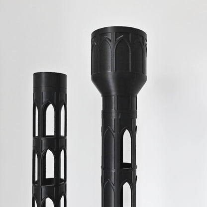 Close-up view of the 4 cm gothic moss pole sections, showing the open cutout pattern and solid reservoir top.