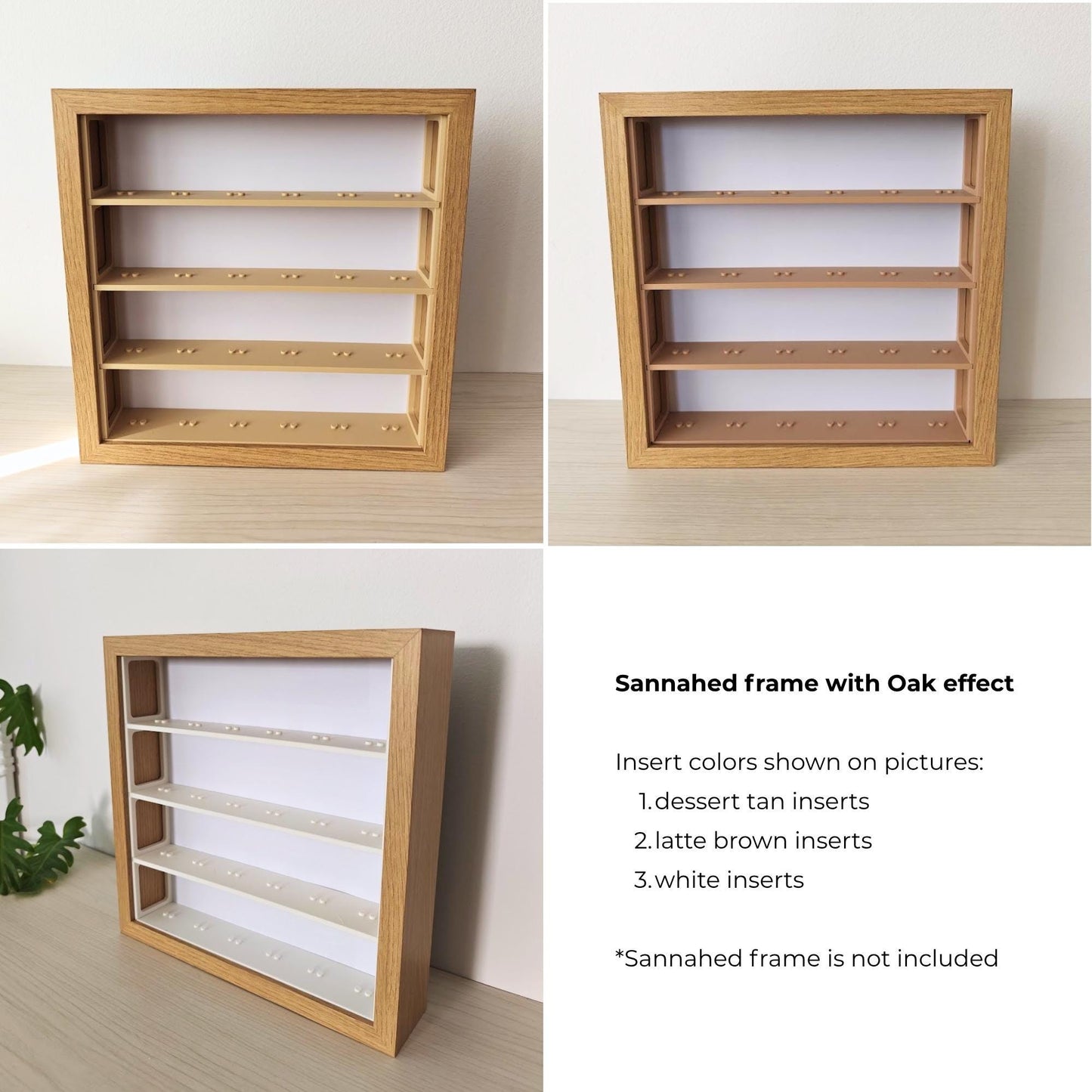 Oak effect IKEA Sannahed frame with LEGO minifigure display inserts in three color options: desert tan, latte brown, and white, shown from front and angled views