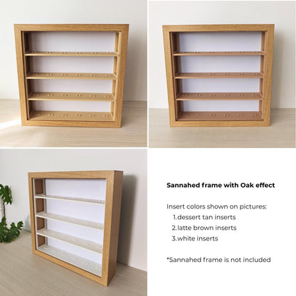 Oak effect IKEA Sannahed frame with LEGO minifigure display inserts in three color options: desert tan, latte brown, and white, shown from front and angled views