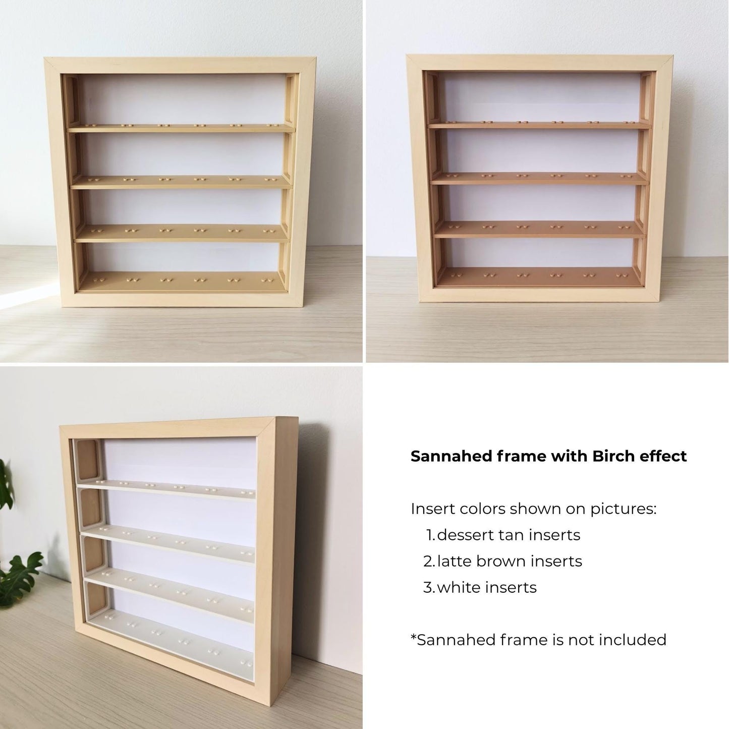 Birch effect IKEA Sannahed frame with LEGO minifigure display inserts in three color options: desert tan, latte brown, and white, shown from front and angled views