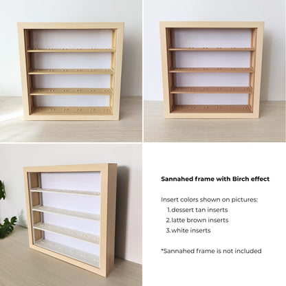 Birch effect IKEA Sannahed frame with LEGO minifigure display inserts in three color options: desert tan, latte brown, and white, shown from front and angled views