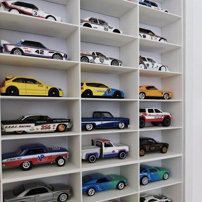 Side angled view of diecast car display insert inside Sannahed frame