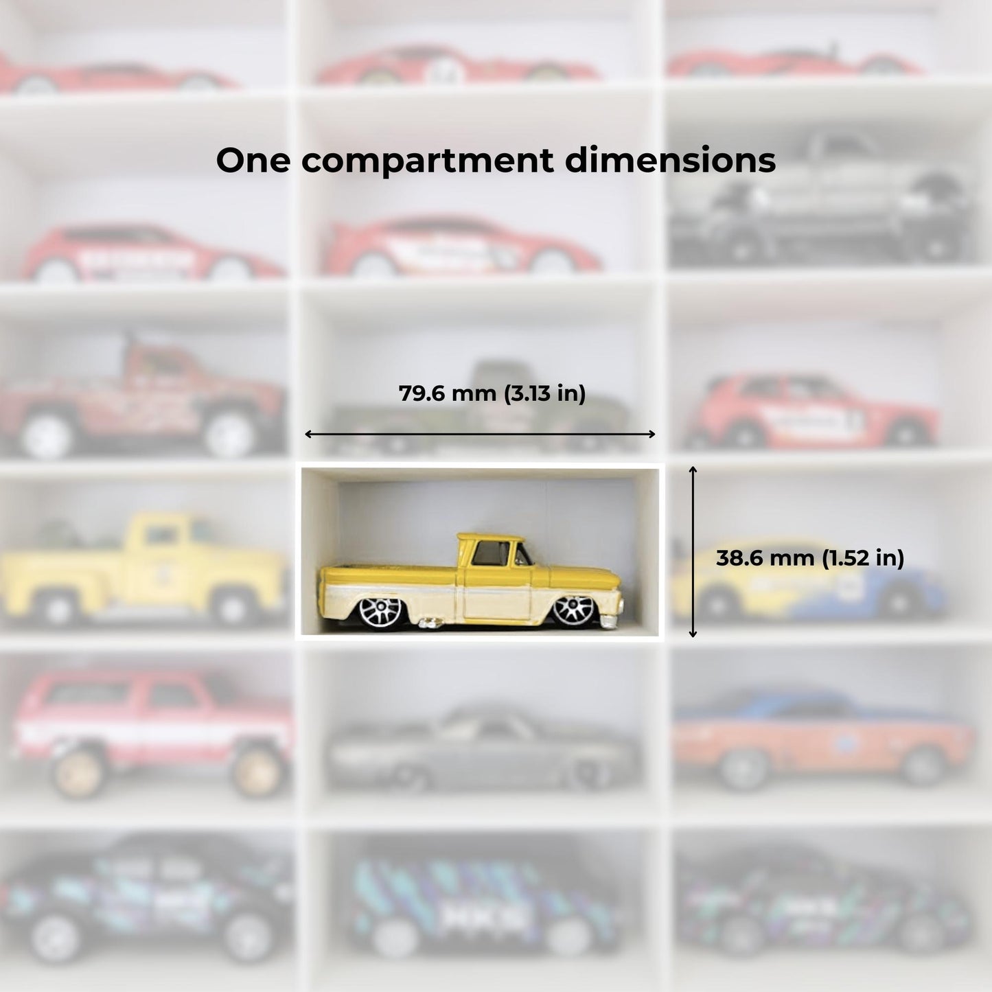 Close-up showing compartment dimensions with toy car inside Sannahed insert