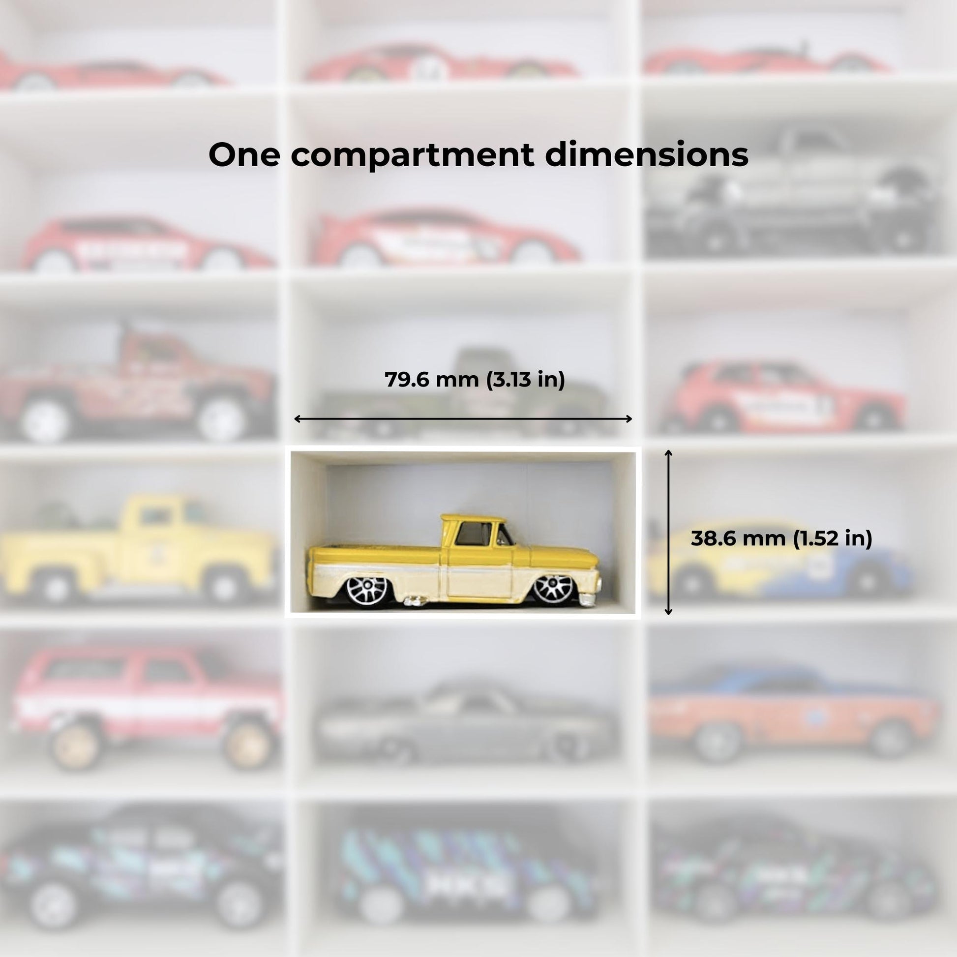 Close-up showing compartment dimensions with toy car inside Sannahed insert
