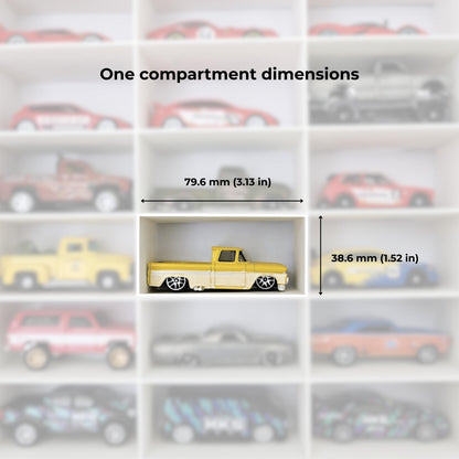 Close-up showing compartment dimensions with toy car inside Sannahed insert