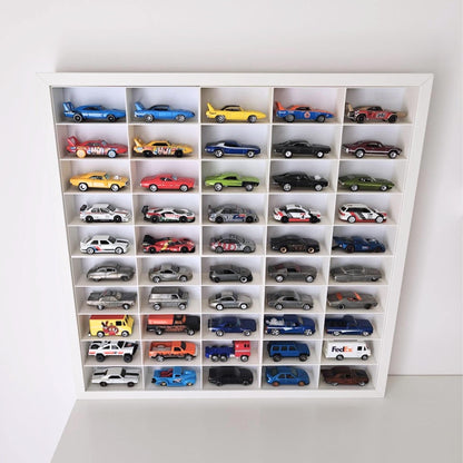 Angled view of diecast car display inside white Sannahed frame