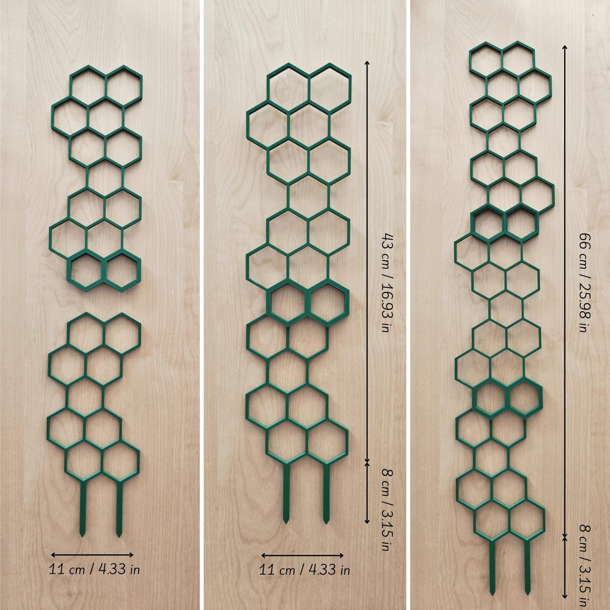 Three trellis modules of varying heights (short, medium, tall) displayed side by side with size labels.