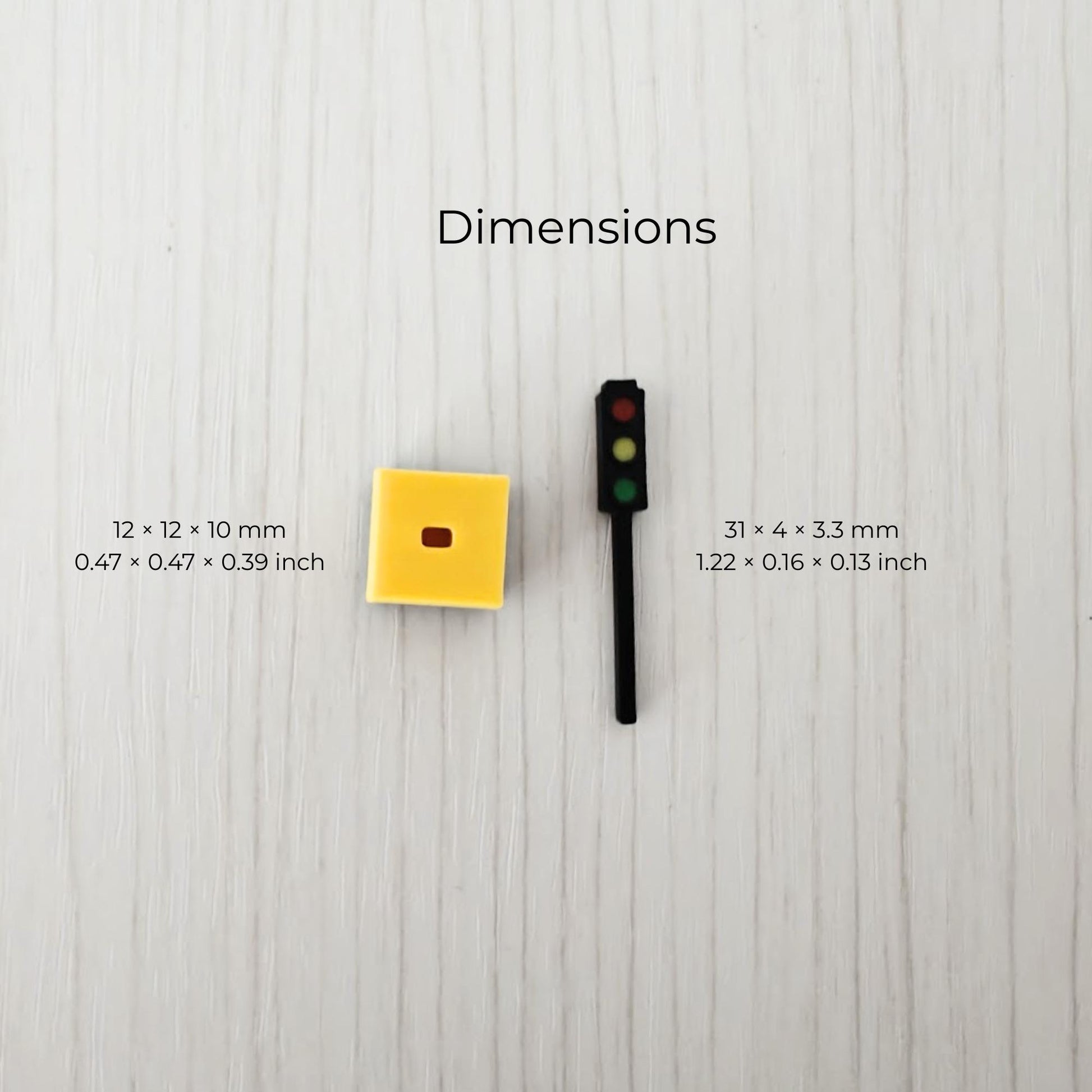 Dimensions of 1/64 traffic light and base with measurements in mm and inches