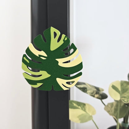 Monstera leaf shaped handle mounted on Ikea Fabrikor cabinet