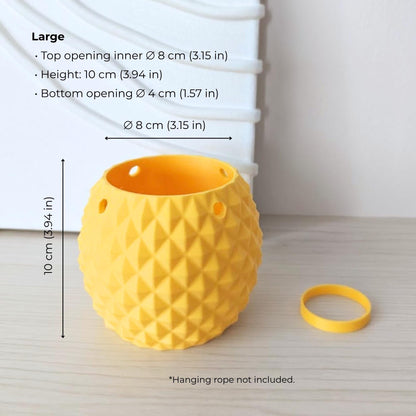 Inverted pineapple planter with dimensions shown, large size with ring attachment