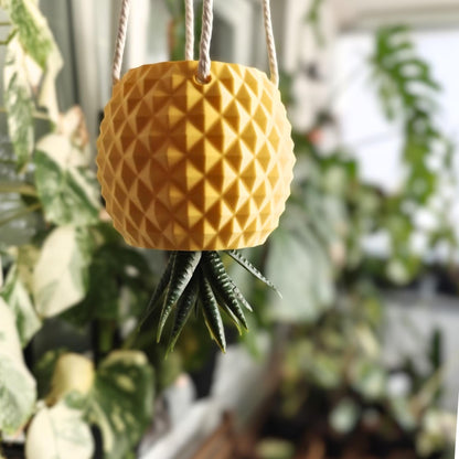 Hanging pineapple planter with trailing plant, styled in indoor greenery setting
