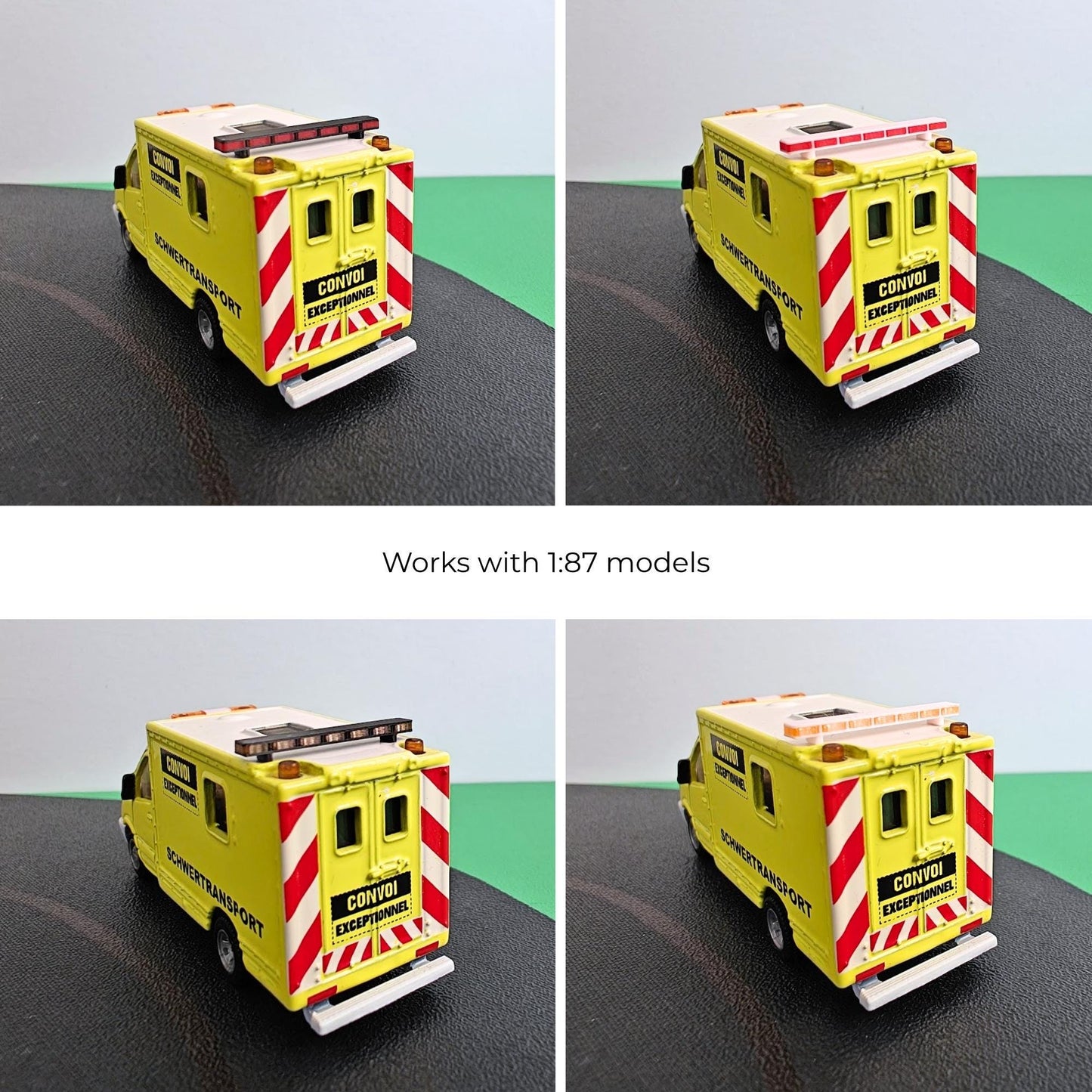 Roof light bar compatibility shown on 1:87 scale ambulance models