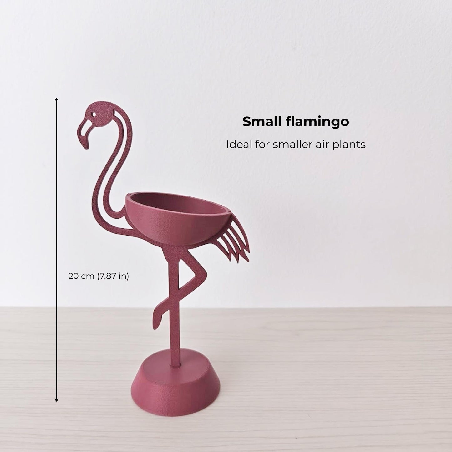 Small flamingo air plant holder dimensions, 20 cm (7.87 in) height