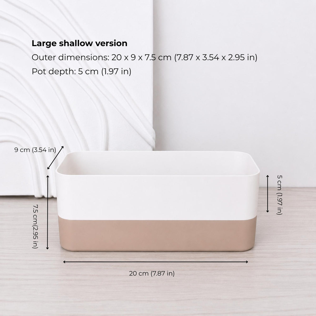 Large shallow rectangular self-watering planter assembled in white and latte brown.