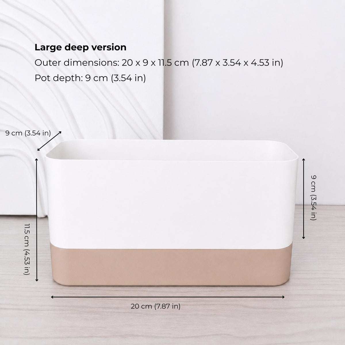 Large deep rectangular self-watering planter assembled in white and latte brown.