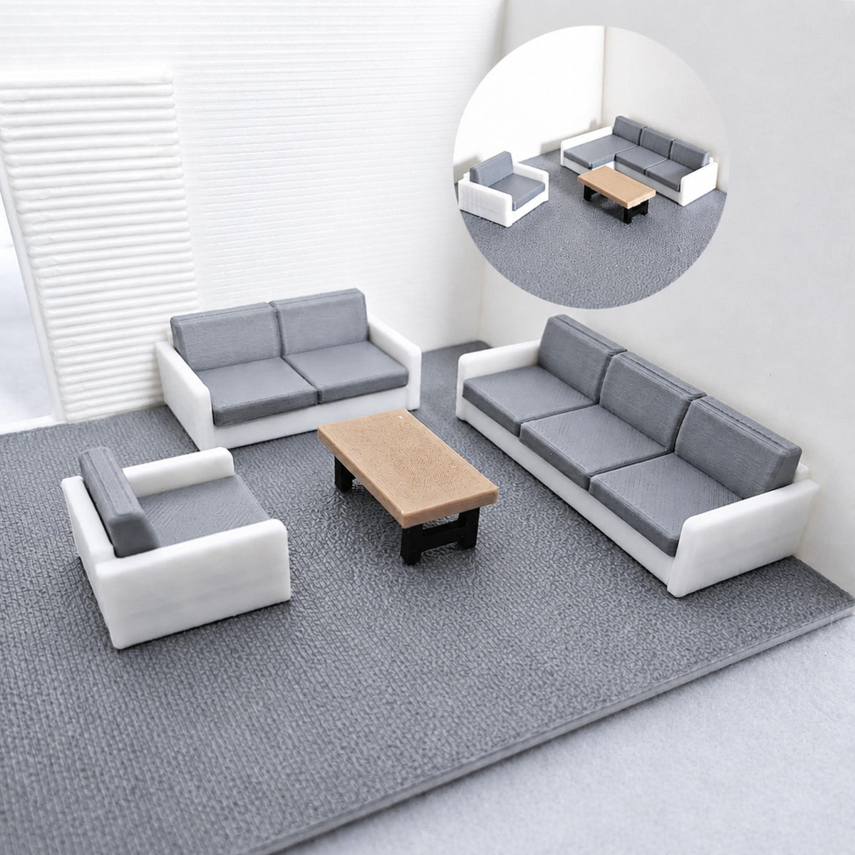 1:64 scale miniature sofa set in modern living room diorama scene with coffee table and armchair