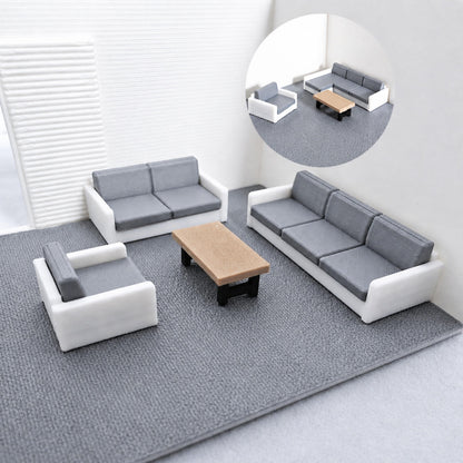 1:64 scale miniature sofa set in modern living room diorama scene with coffee table and armchair