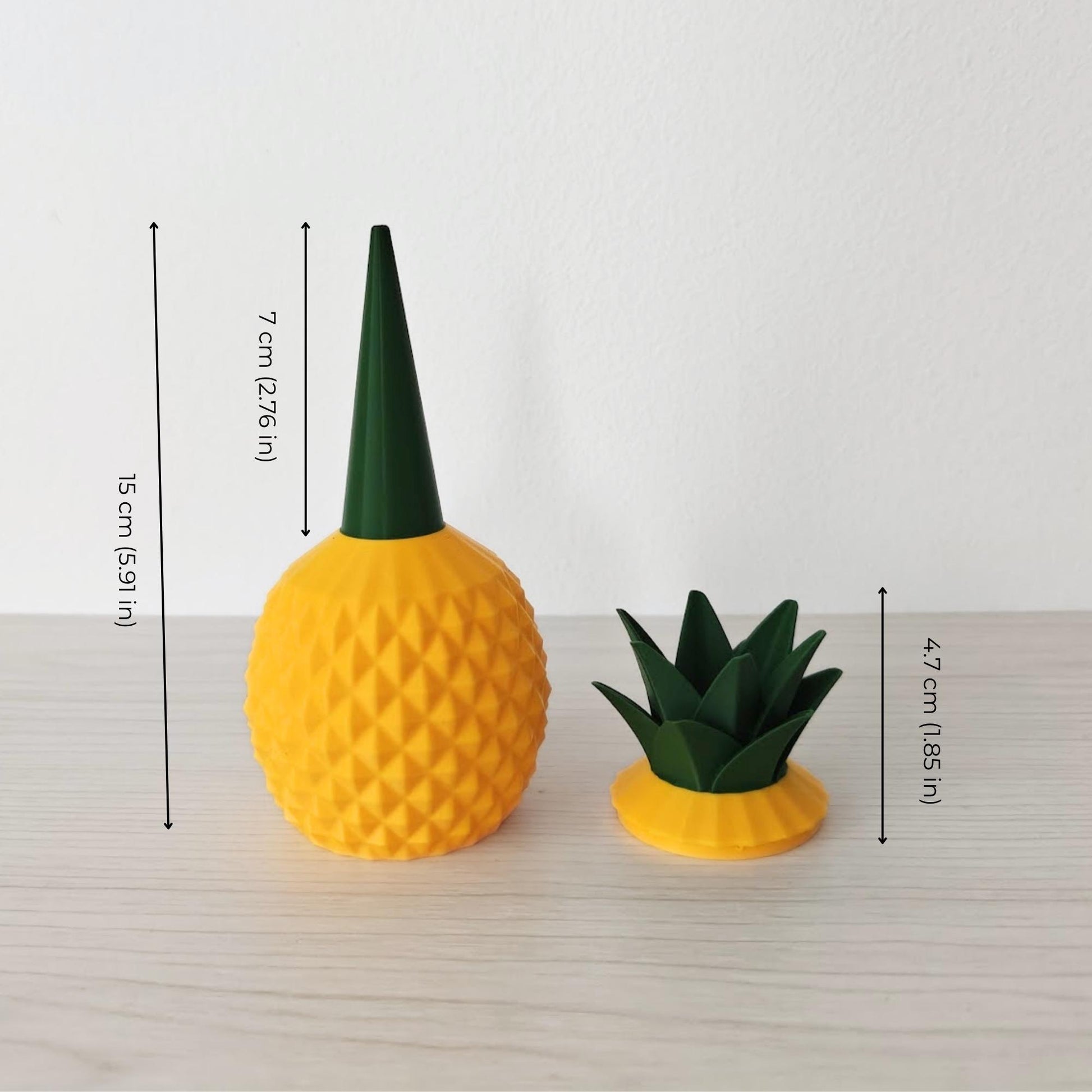 Pineapple plant watering spike dimensions showing height, spike height, and removable leafy lid height.