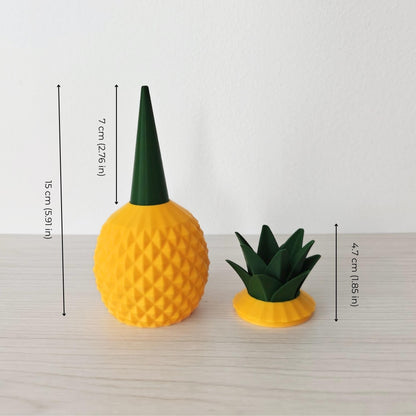 Pineapple plant watering spike dimensions showing height, spike height, and removable leafy lid height.