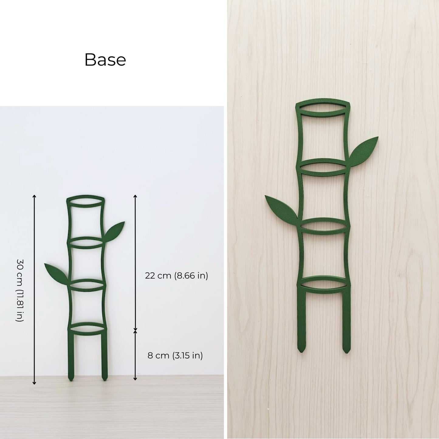 Bamboo-inspired base trellis with dimensions showing total height and visible height above soil.