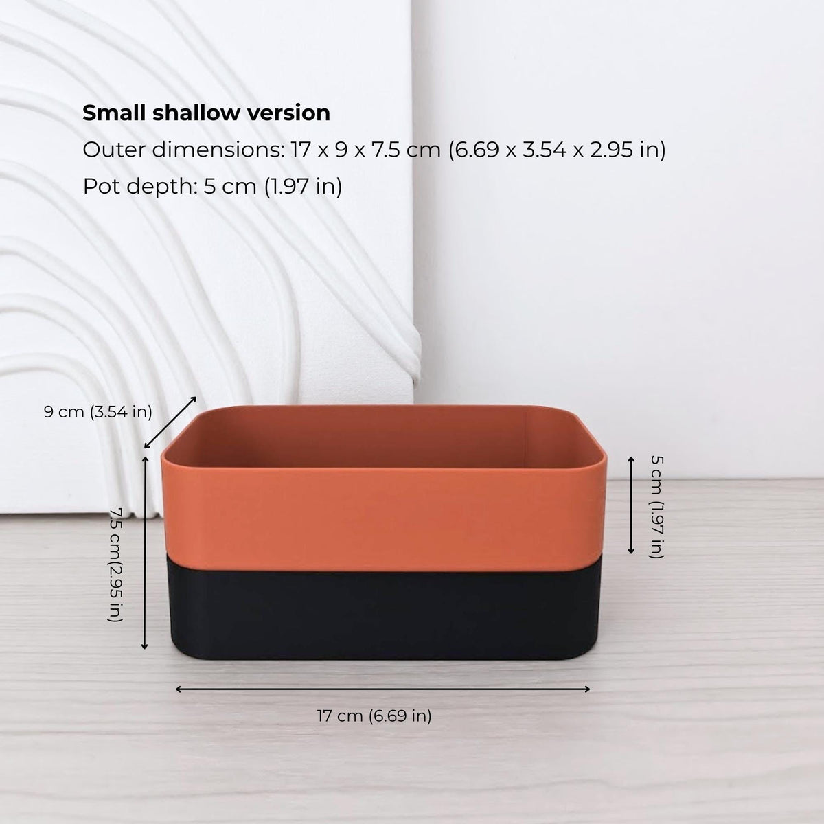 Small shallow rectangular self-watering planter assembled in terracotta and black.