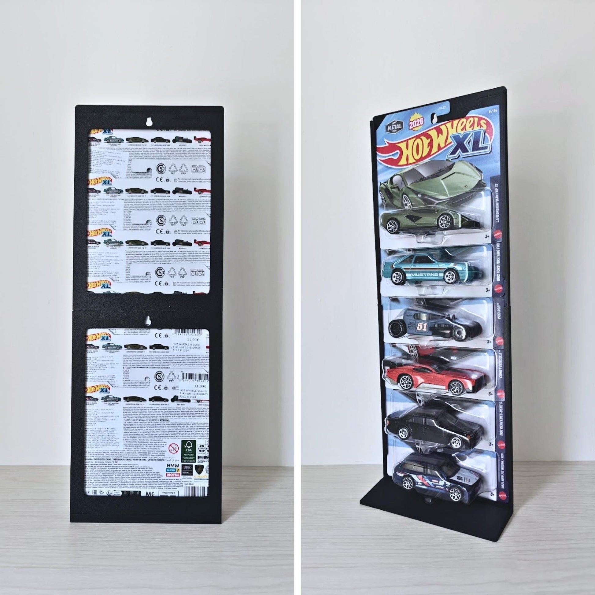 Wall Mount or Stand for Hot Wheels shown in wall-mounted and freestanding versions for carded cars.