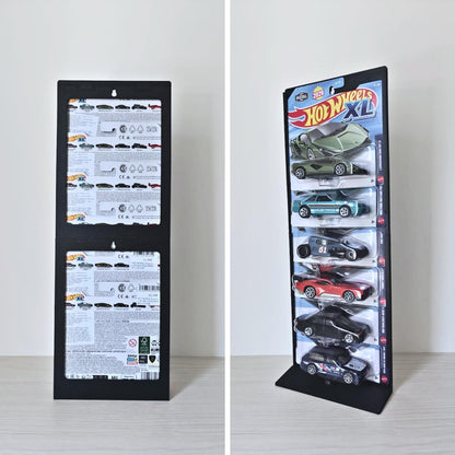 Wall Mount or Stand for Hot Wheels shown in wall-mounted and freestanding versions for carded cars.