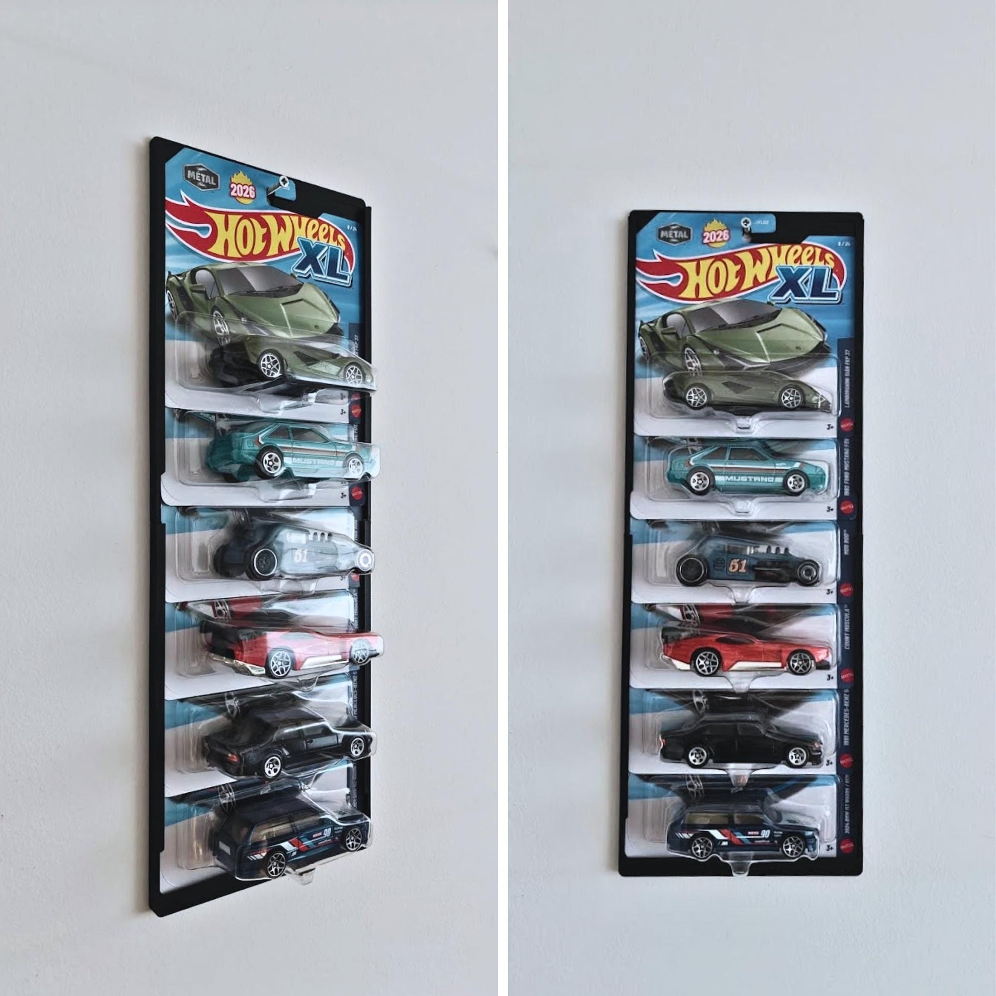 Wall Mount or Stand for Hot Wheels shown as a black modular display holding multiple packaged cars.