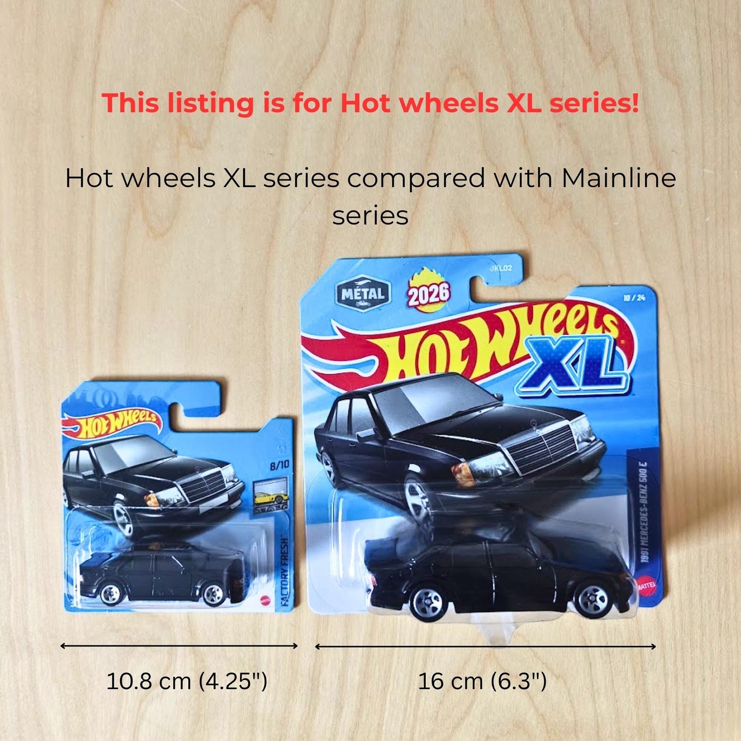 Wall Mount or Stand for Hot Wheels showing size comparison between Hot Wheels Mainline cards and 16 cm wide XL cards.
