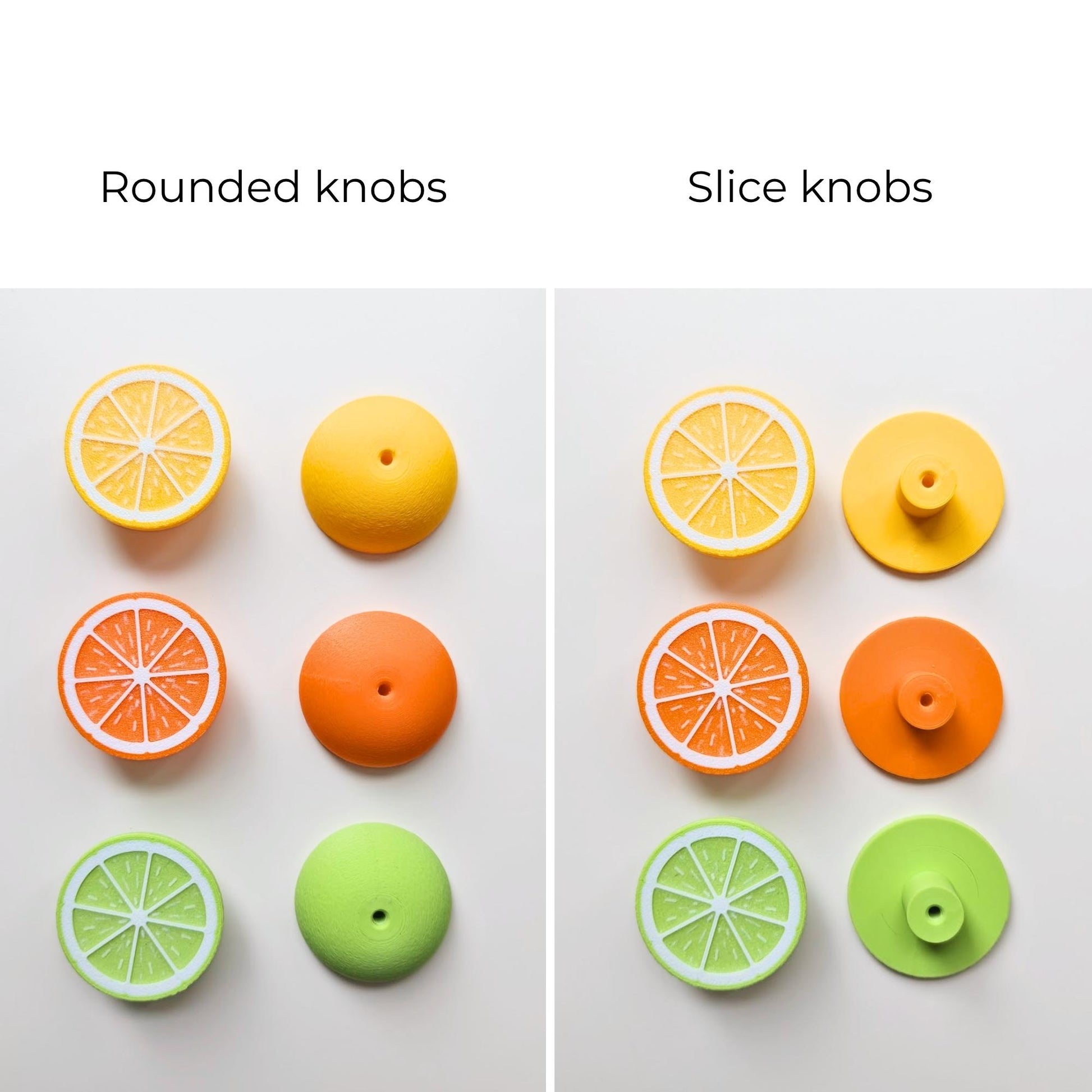 Comparison of rounded citrus knobs and slice citrus knobs in lemon, orange, and lime designs.