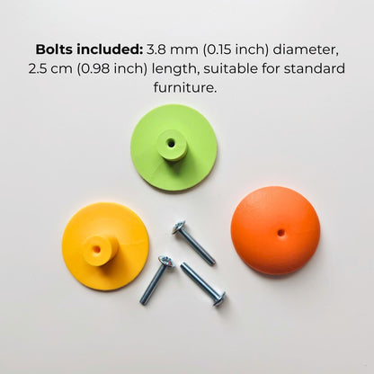 Included mounting bolts shown with lemon, lime, and orange citrus drawer knobs.