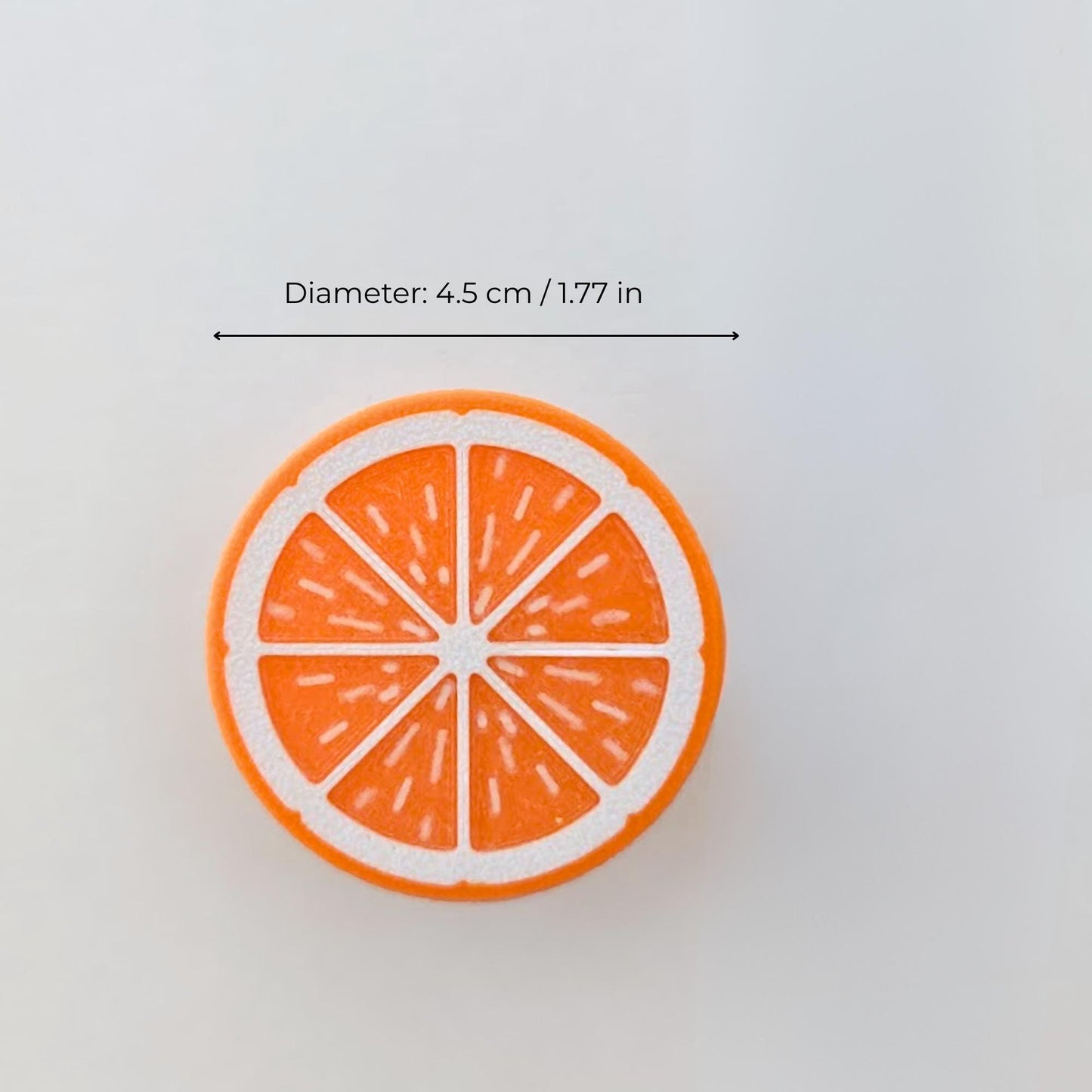 Orange citrus slice knob close-up with diameter measurement, approx. 4.5 cm / 1.77 in.