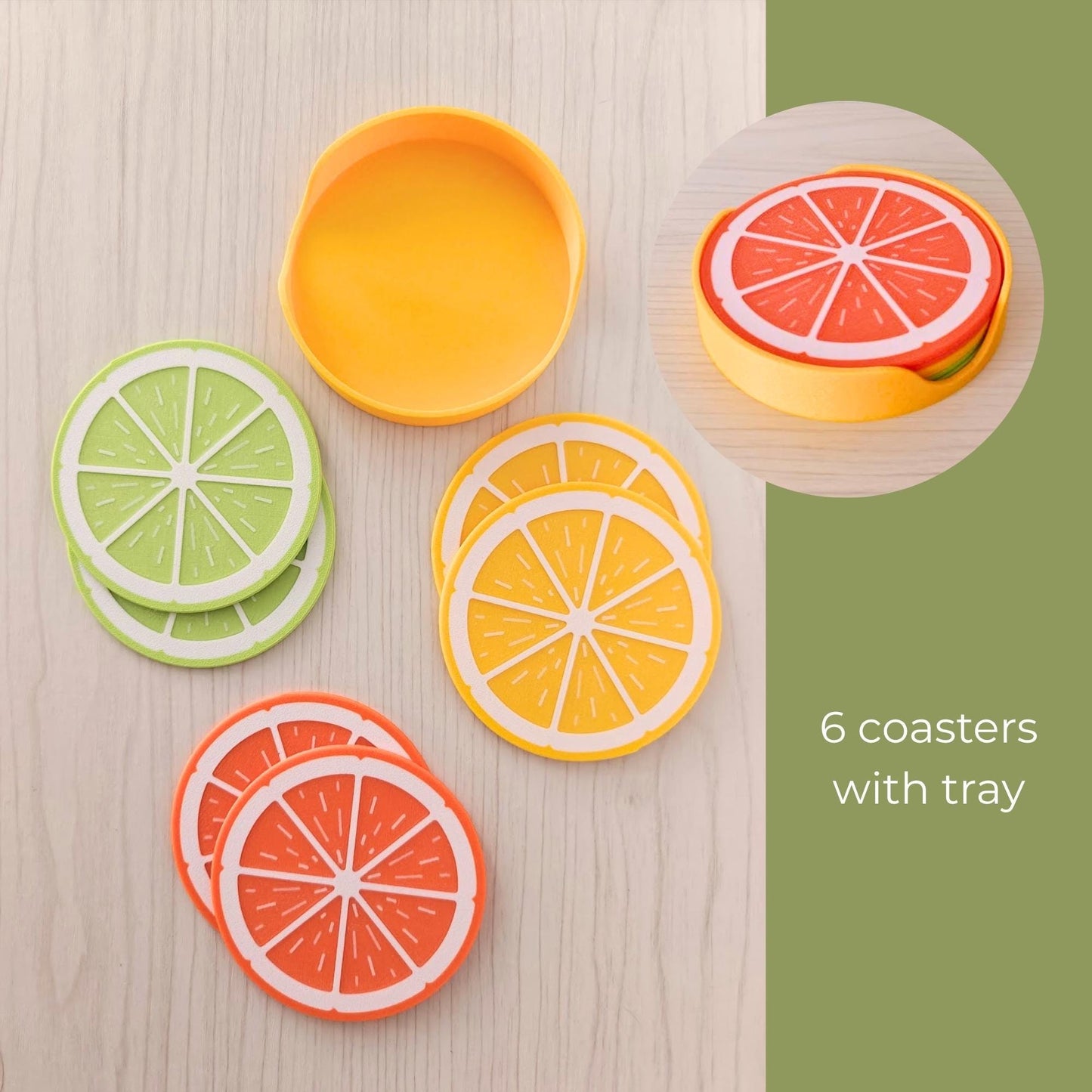 Set of 6 citrus coasters with round tray, showing 2 lemon, 2 orange and 2 lime designs with stacked storage option.