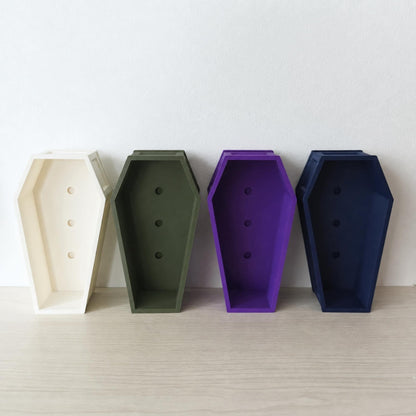 Colorful coffin pots - white, dark green, purple and dark blue