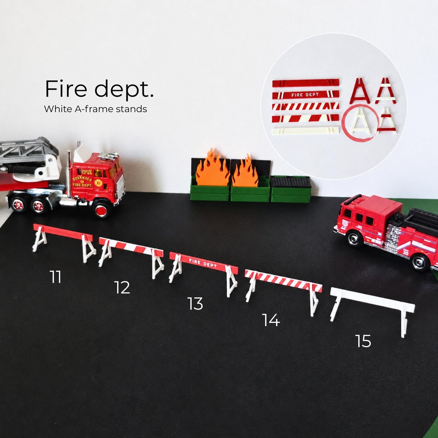 White fire department A-frame stands with red striped barricade bars for emergency scene displays
