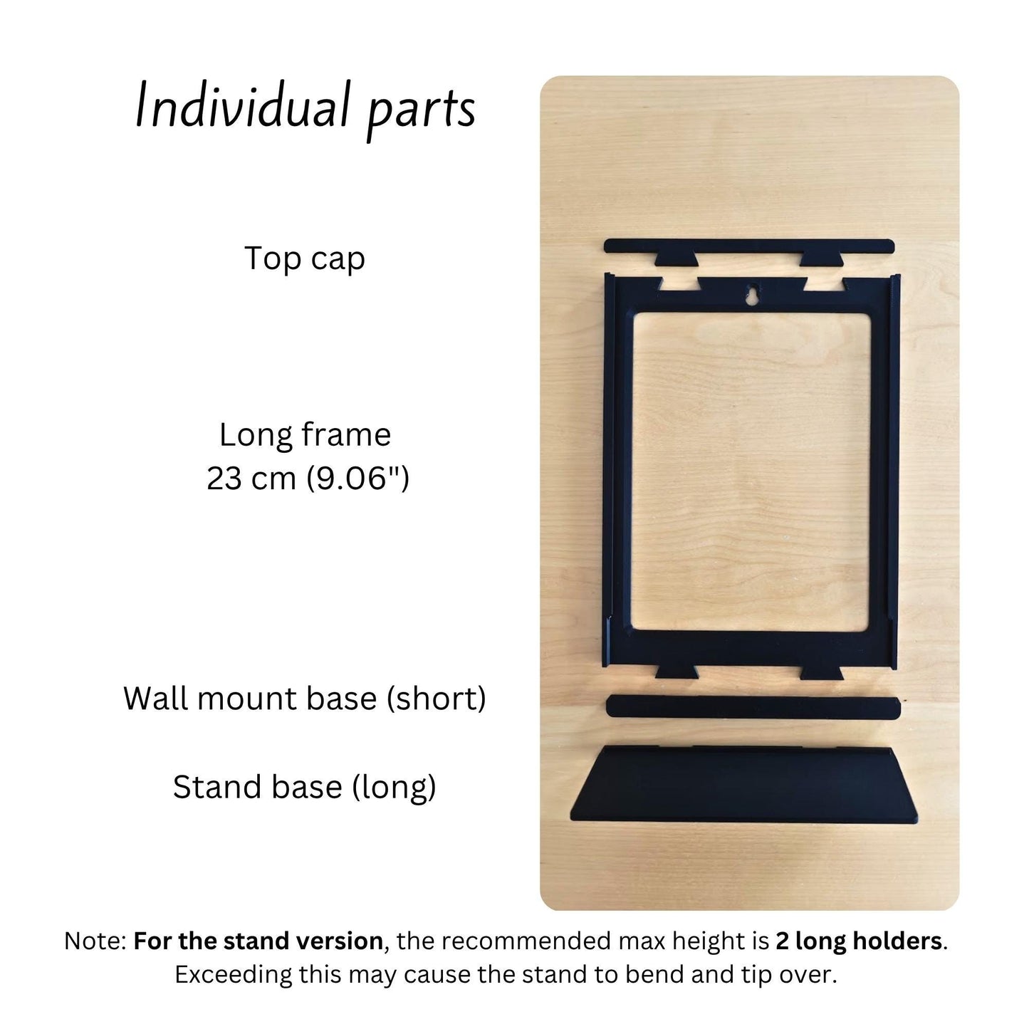 Individual parts for Wall Mount or Stand for Hot Wheels, including top cap, long frame, wall mount base, and stand base.