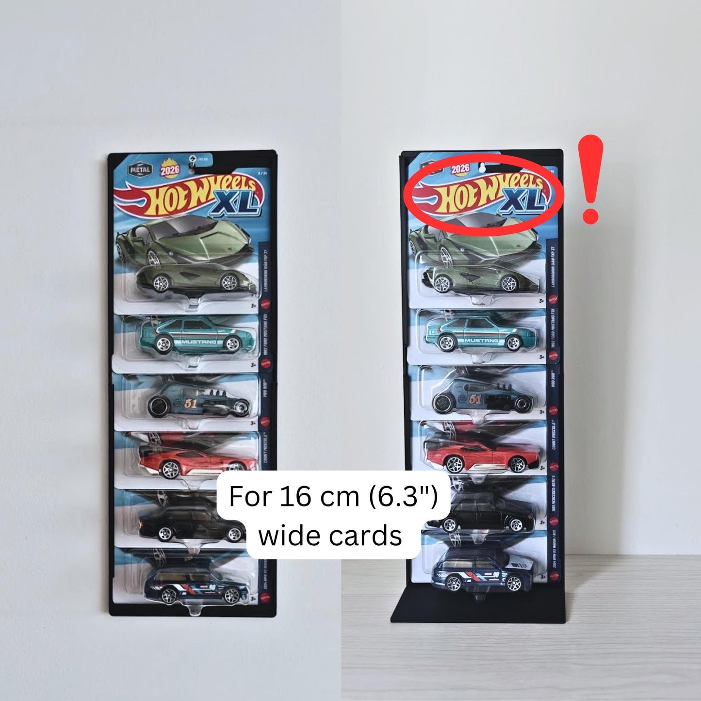 Wall Mount or Stand for Hot Wheels, fits 16 cm wide cards, shown as both wall-mounted and freestanding display.