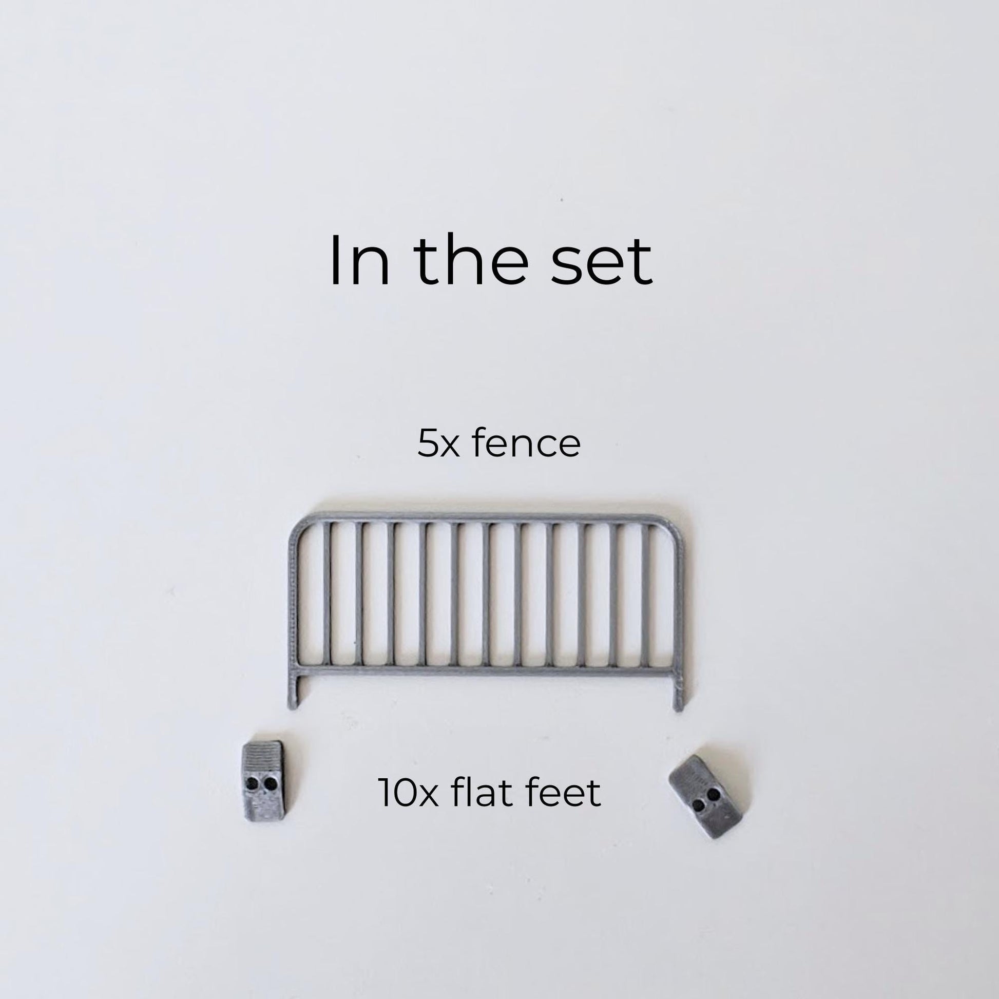 Set contents image showing 5 miniature fence panels and 10 flat feet for assembling crowd control barricades.