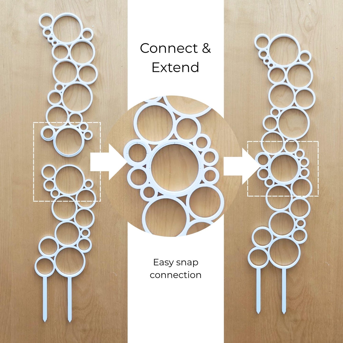 Extend the height smoothly while keeping the design visually continuous. Simply align the matching circular ends and click the sections together to build a taller plant support.