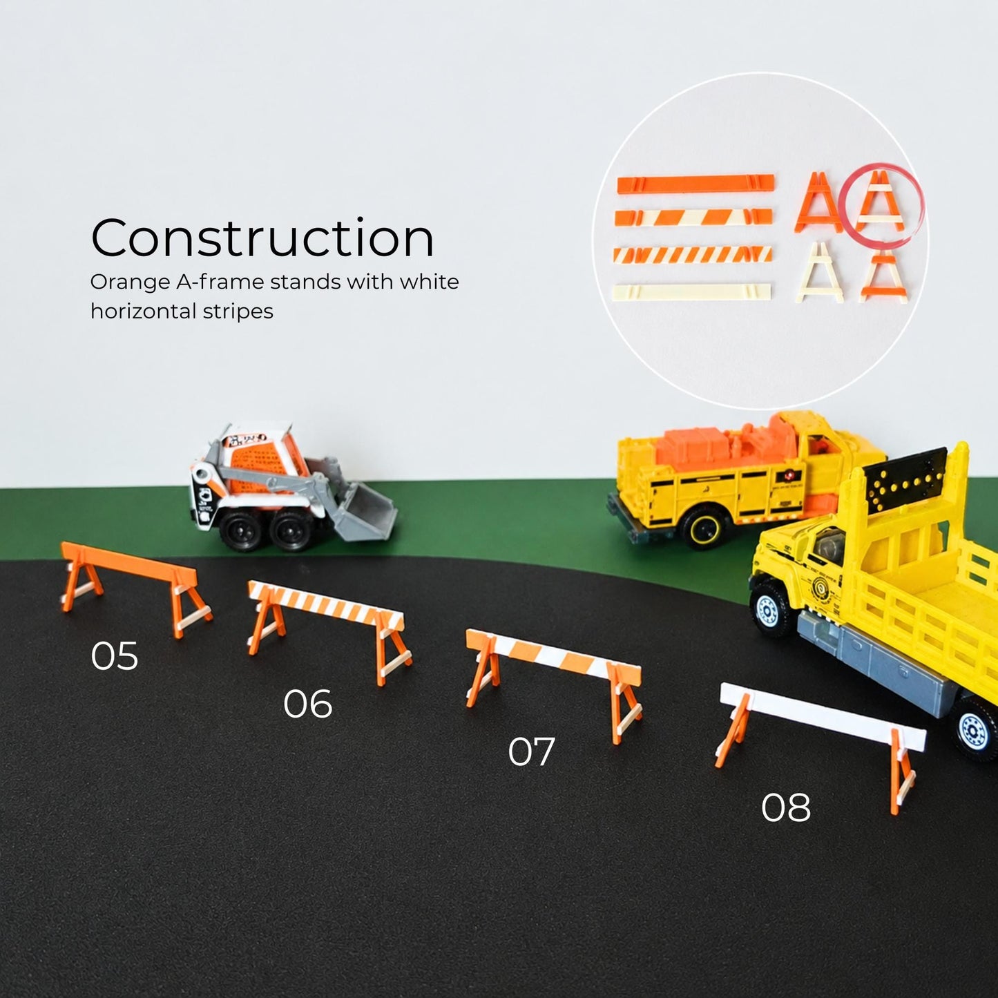 Orange and white construction barricades with striped road barriers for 1:64 scale dioramas