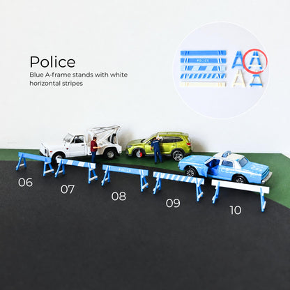 Police line roadblock barricades with blue and white horizontal striped barriers for 1:64 scale scenes
