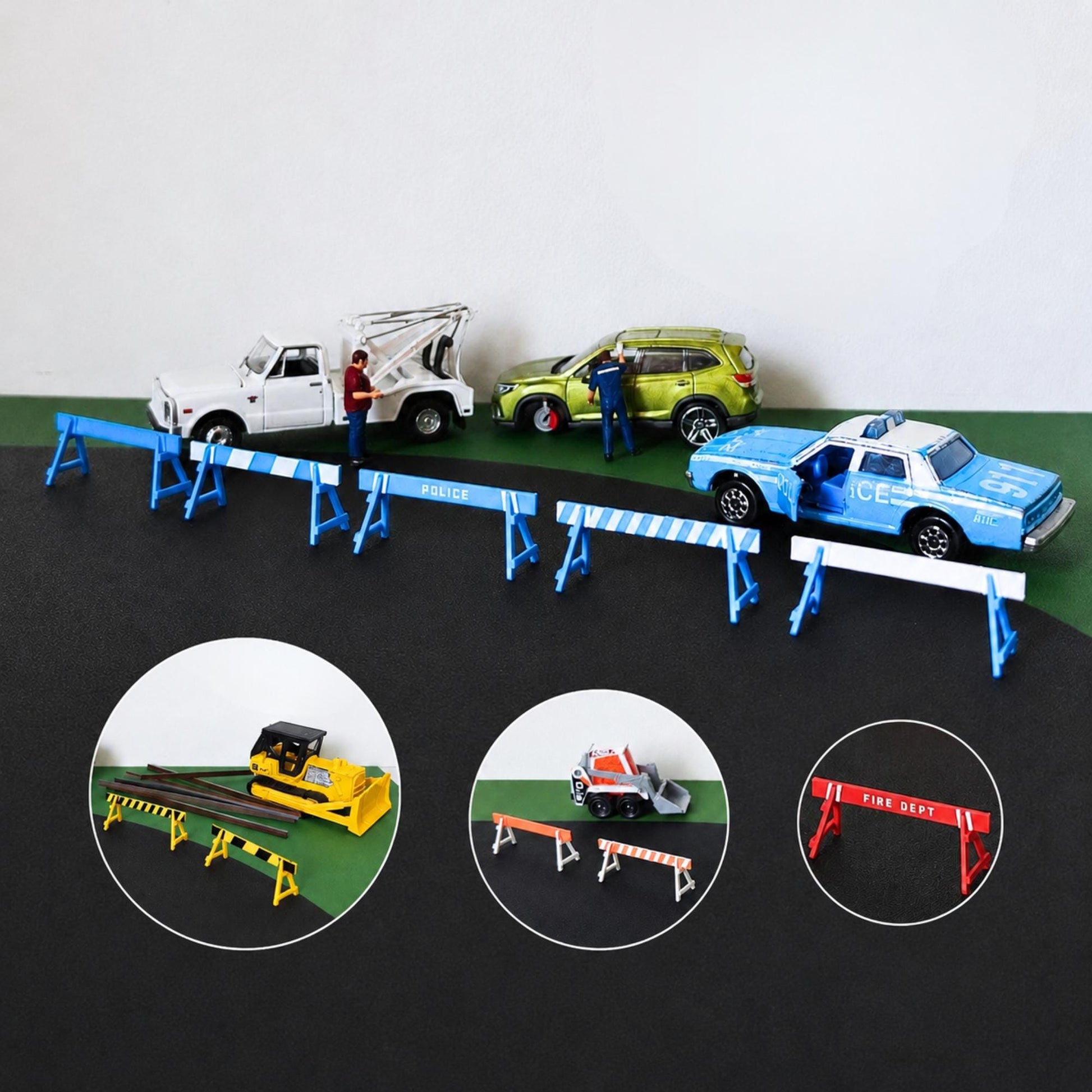 1:64 scale miniature road barricades in police, construction, railroad and fire department styles for diecast dioramas