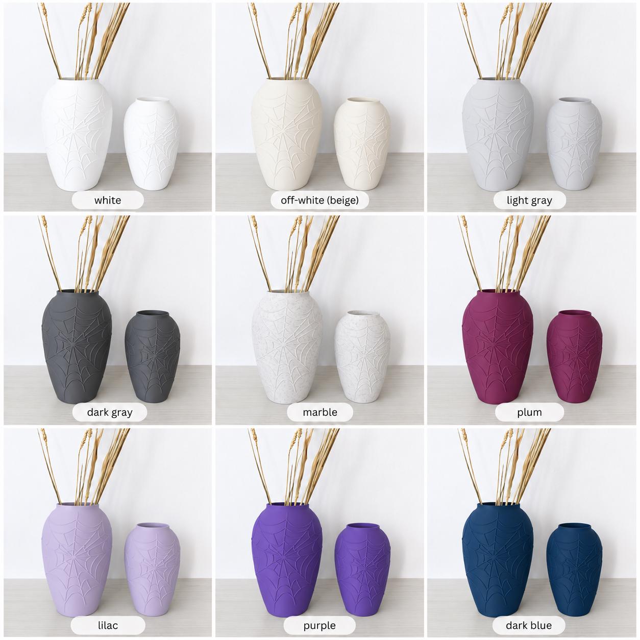 Available color options for spider web vases including white, gray, marble, plum, lilac, purple, and dark blue.