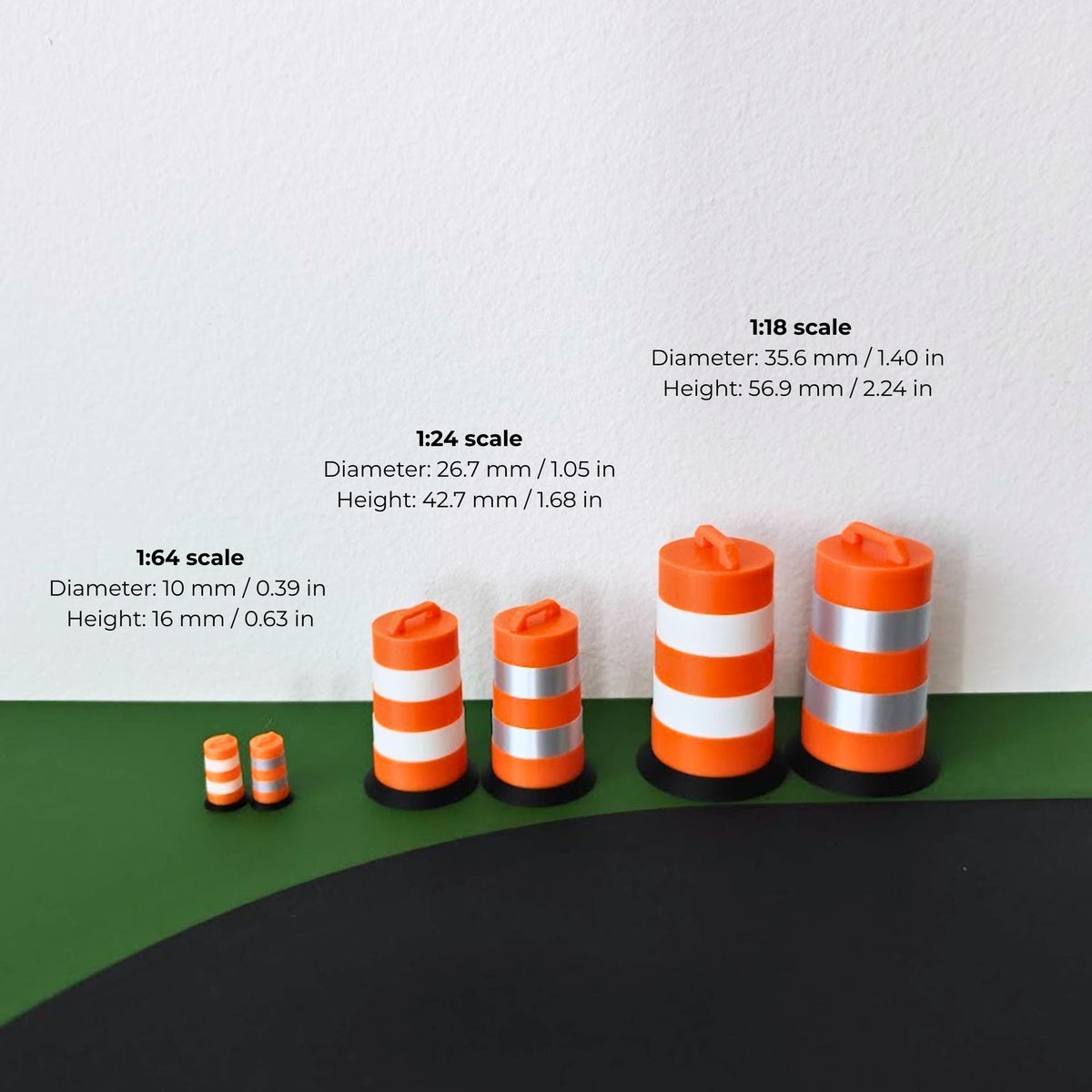 Dimensions for traffic barrels in 1:64, 1:24 and 1:18 scales
