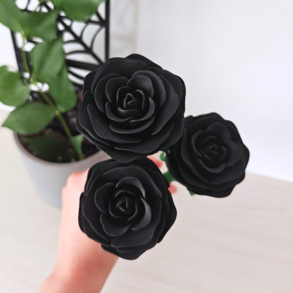 Hand holding a bouquet of three black artificial roses with green stems against a softly blurred plant background.